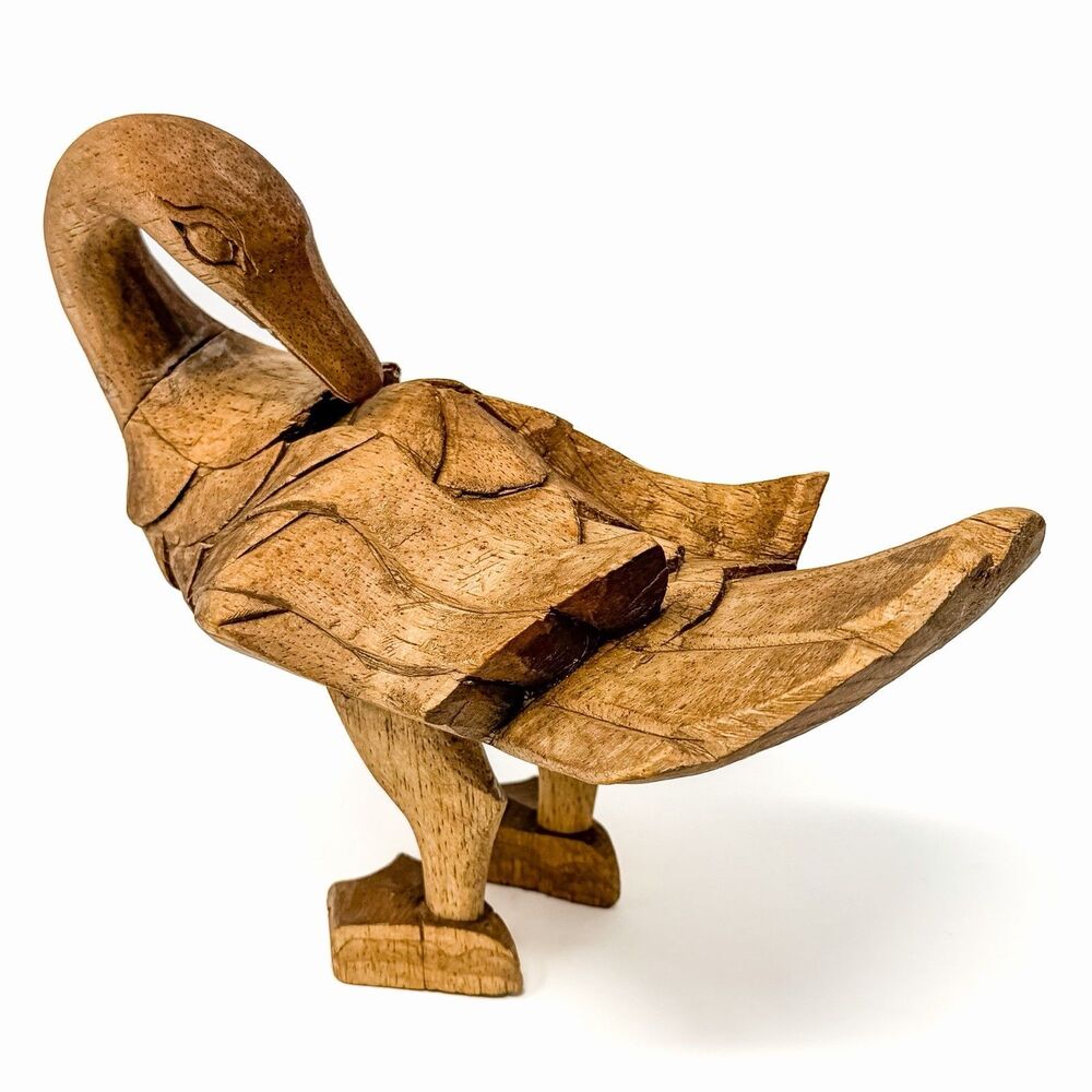 Vintage Hand Carved Wooden Swan Bird Sculpture Figurine Folk Art Decor